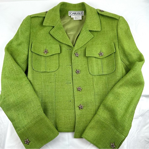 Carlisle Vintage Green 100% Silk Tweed Lined Jacket with Rhinestone Buttons - Picture 7 of 10